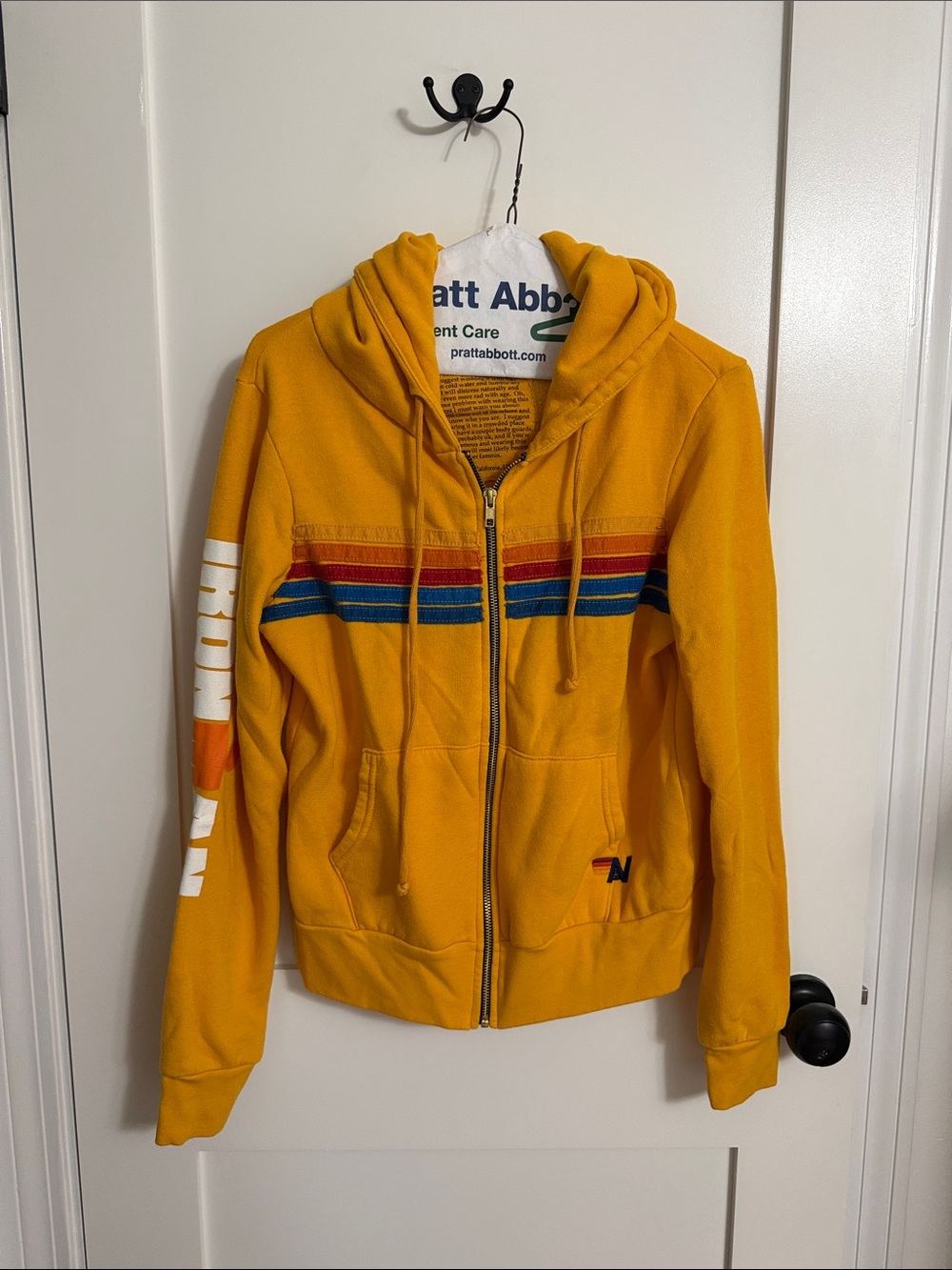 Ironman Aviator Nation Mustard Yellow Hoodie with Red & Blue Retro Stripes